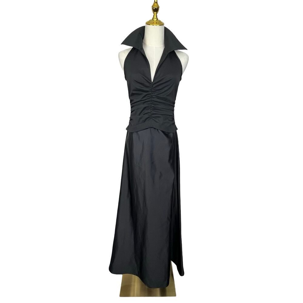 Tadashi Shoji Black Halter Evening Gown – Ruched Bodice, Dramatic Collar, 4